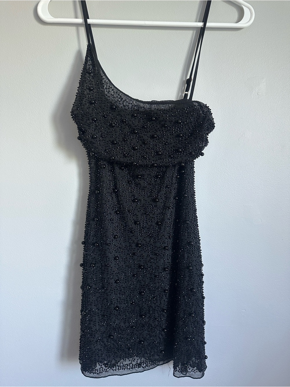 Oh Polly Black Beaded Mini Slip Dress with Arm Sleeves